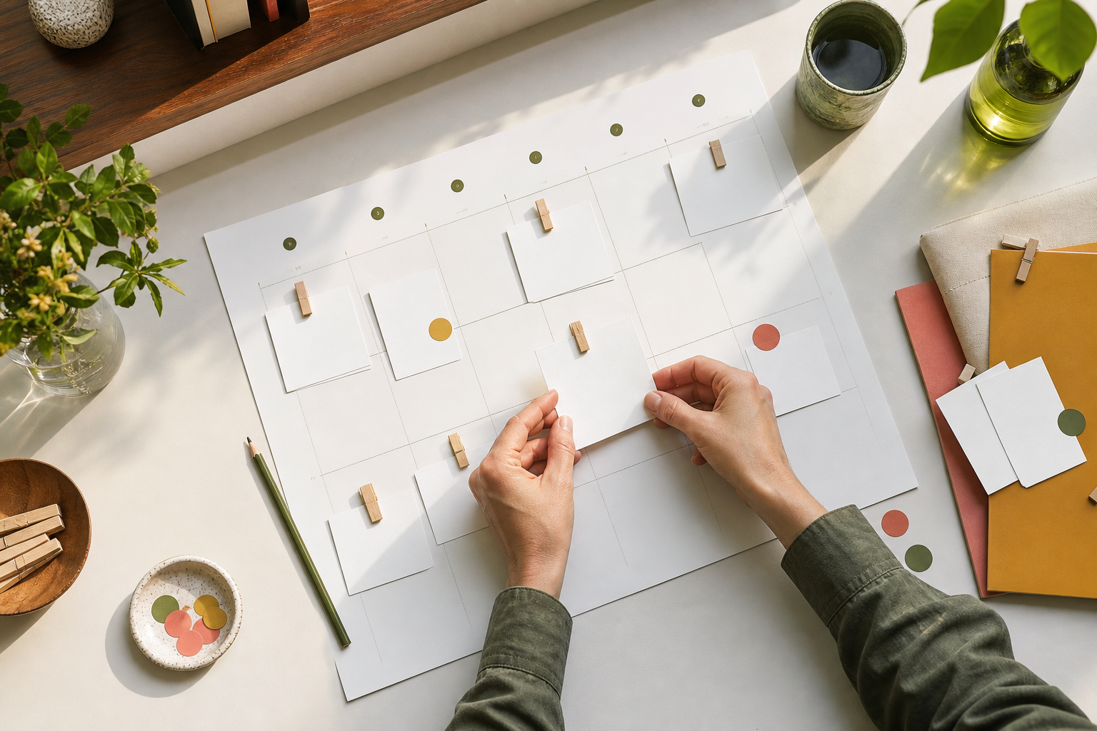 Handen die blanco kaarten ordenen op een grote papieren contentkalender