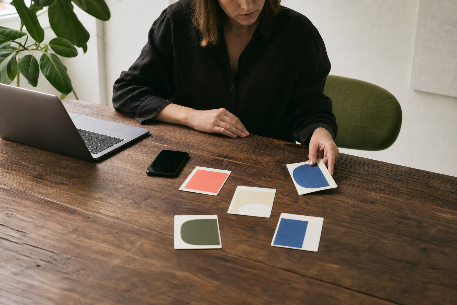 Communicatiemedewerker die kanaalkaarten rangschikt naast laptop en telefoon