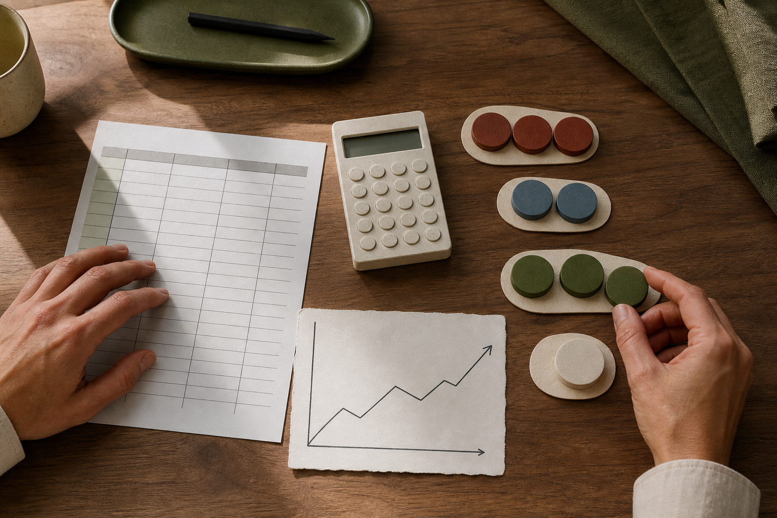 Budgetoverzicht met rekenmachine, gekleurde prioriteitsstenen en een eenvoudige lijntekening