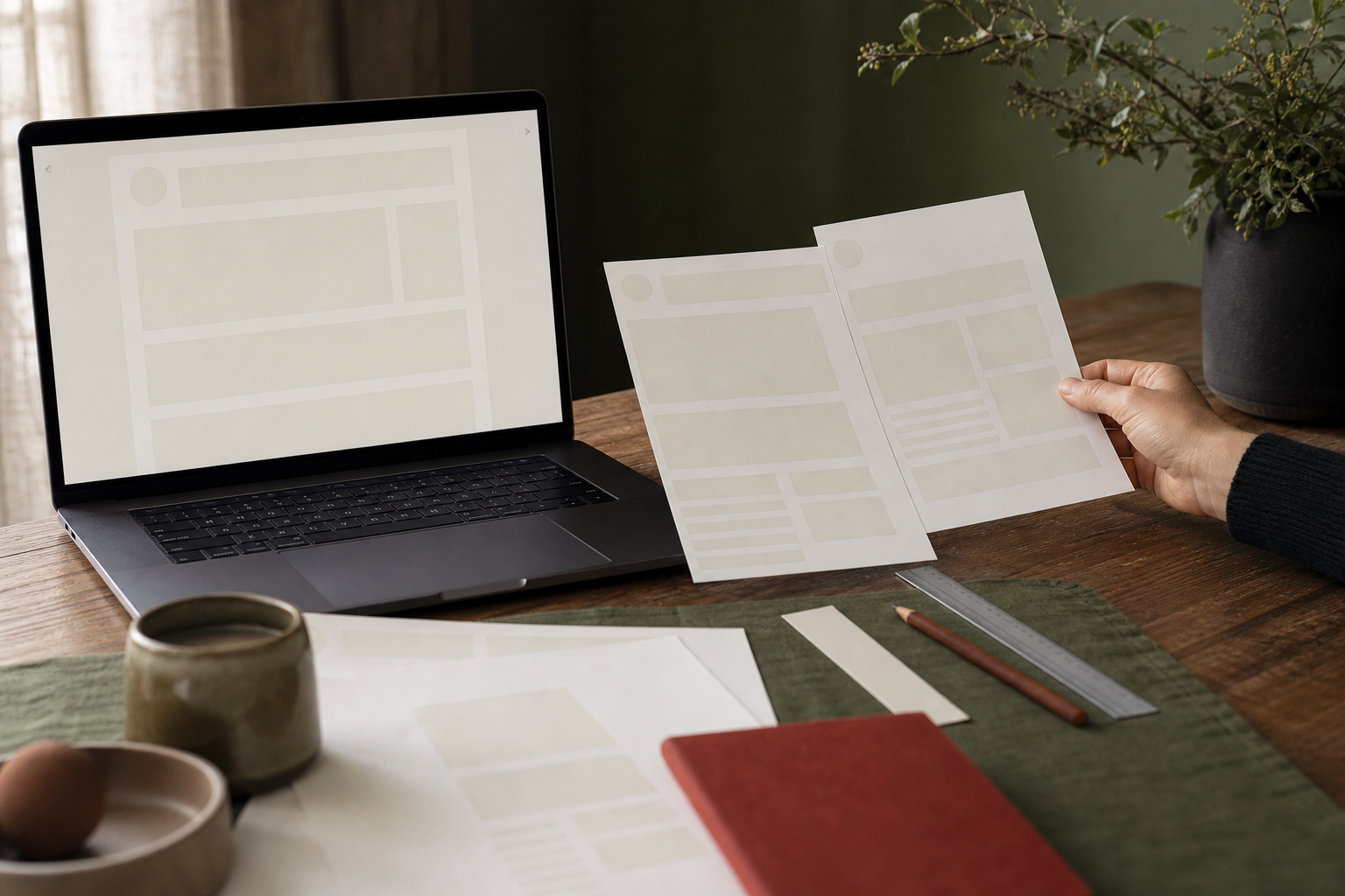 Laptop en papieren opmaakproeven voor het vergelijken van nieuwsbriefvormen