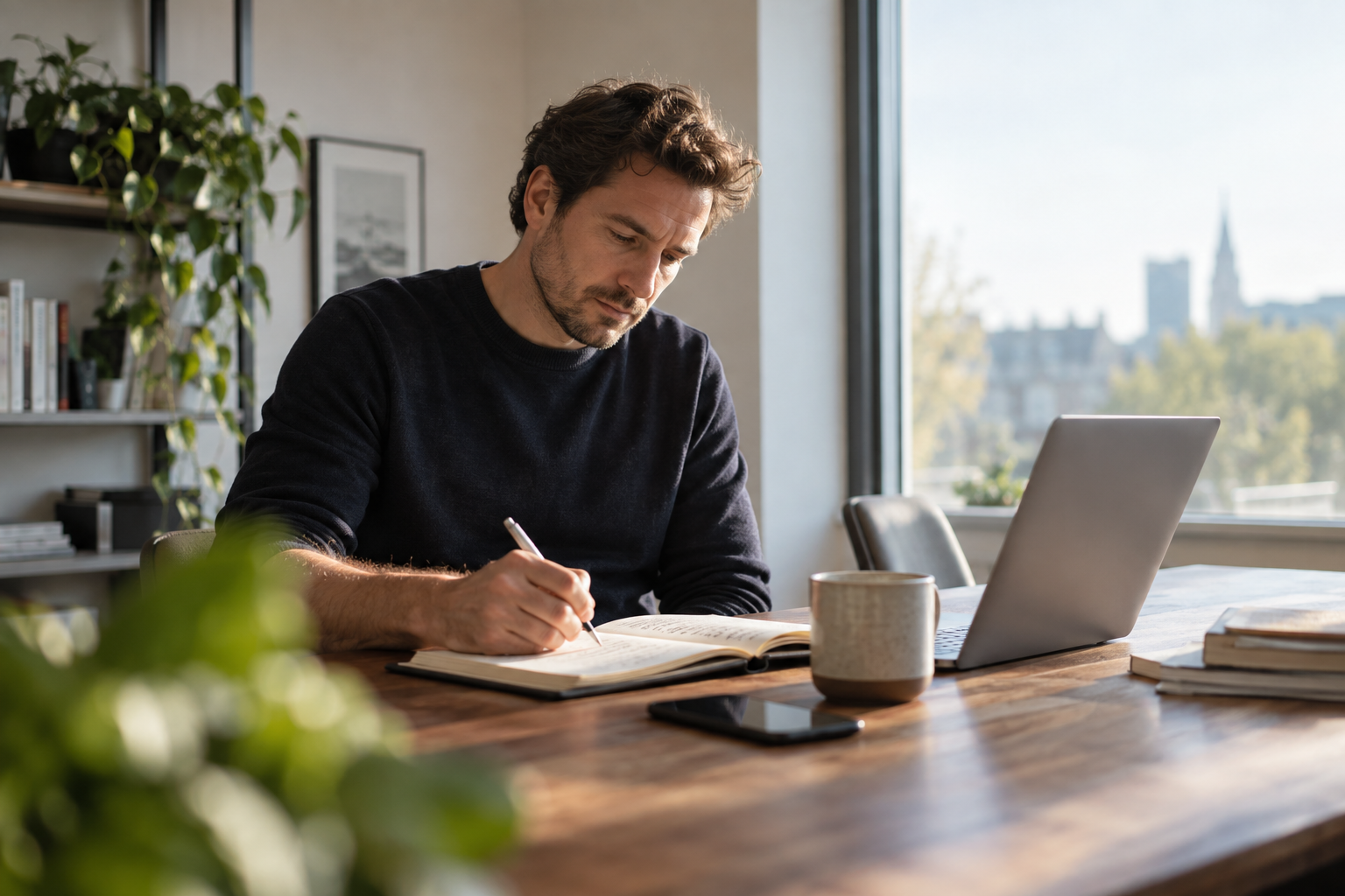 Ondernemer schrijft een update naast een laptop